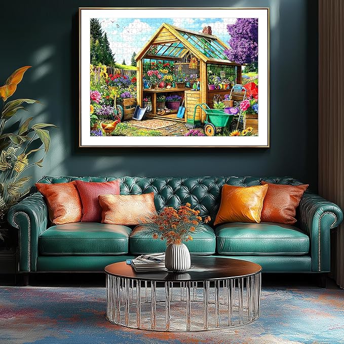 1000-Piece Garden Shed Greenhouse Jigsaw Puzzle for Adults – Vibrant Floral & Tool Scene, Stress-Relieving Relaxation Activity (27.56" x 19.69")