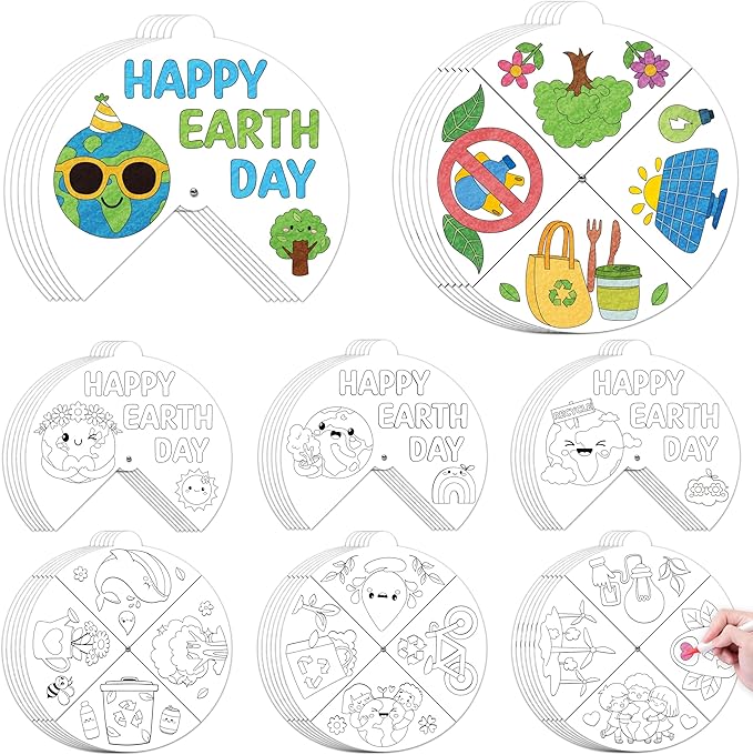 COcnny Earth Day Coloring Craft- 24 Sets Color Your Own Globe Art Craft DIY Wheel Cards for Kids, Happy Earth Day Paper Craft Art for School Home Class Event World Environment Activities