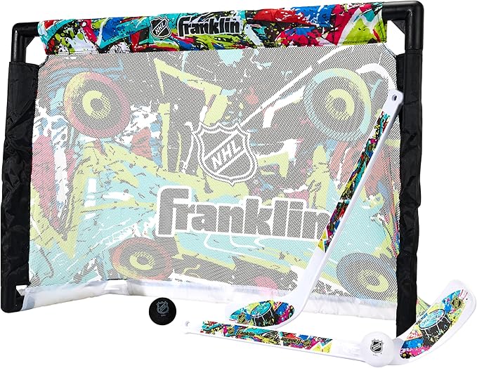 Franklin Sports NHL Kids Mini Hockey Set - Includes (1) Knee Hockey Goal, (2) Mini Sticks + (2) Foam Balls - Indoor Toy Youth Goal + Sticks Set - Graffiti