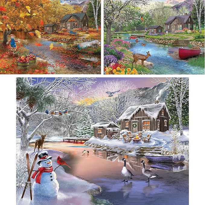 Bits and Pieces – Value Set of Three Jigsaw Puzzles for Adults – Autumn, Winter & Spring Cabin – 300 & 500 Pieces 18" x 24", 1000 Piece 20" x 27" Options (Three 1000 Piece Jigsaw Puzzles)