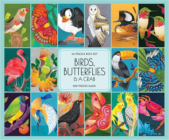 RoseArt - Birds Butterflies & Crab Jigsaw Puzzle Box Set- 16 Mini Puzzles, 100 Pieces Each - Colorful Puzzle Gift Set for Adults