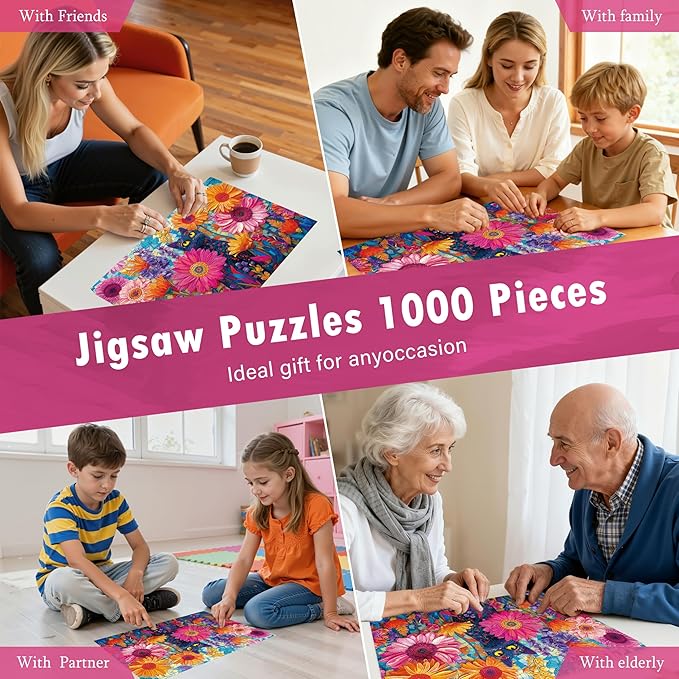 Colorful Flowers Cat Puzzles for Adults 1000 Pieces, Perfectly Letter on Back No Dust, Stained Glass Jigsaw Puzzle Black Cat Theme, Challenging Puzzle Perfect for Game Nights Family Puzzle