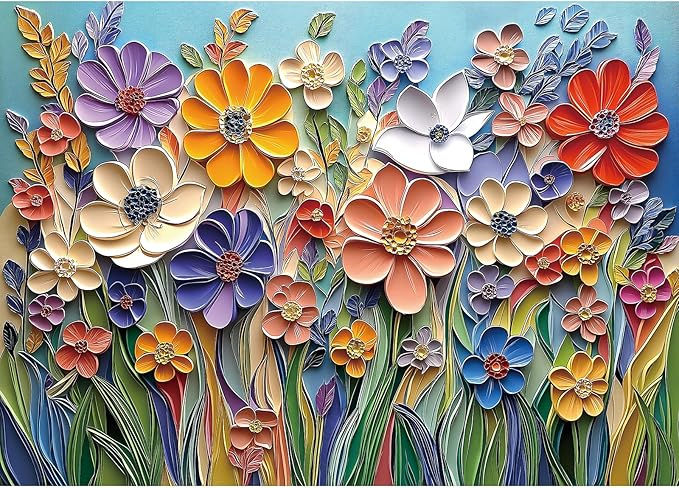 MINIWAN 3D Embossed Quilling Paper Art Wild Flowers 1000 Piece Jigsaw Puzzle for Adults, Muted Color Floral Paper Quilling Jigsaw Puzzle, Gift for Flower & Modern Art Lovers 27.5x19.7 Inch