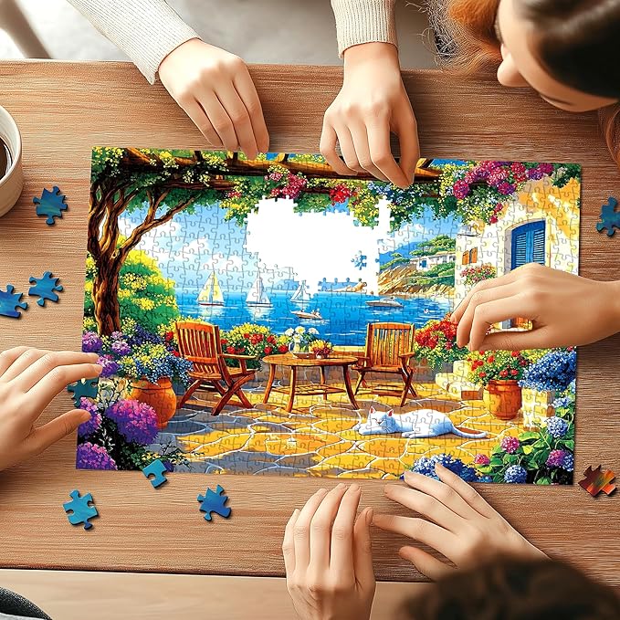1000 Piece Jigsaw Puzzle for Adults, Seaside Garden Terrace Scene with Colorful Flowers and Cat, Mediterranean Coastal Landscape with Sailboats, Home Decor & Stress Relief