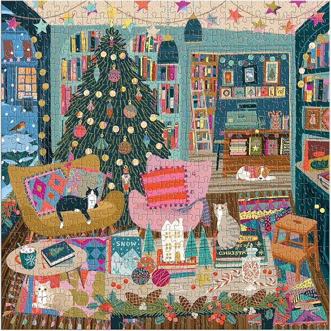 Galison Season's Reading – 500 Piece Foil Jigsaw Puzzle Featuring Beautiful Artwork of A Cozy Christmas Bookshop Scene with Gold Foil Accents