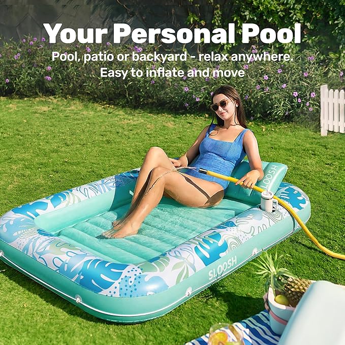SLOOSH Inflatable Tanning Pool Lounger Float, 70" x 46" Pool Floats Adult with Pillow, 4 in 1 Suntan Tub Raft Floatie,Sunbathing Bed Lounge for Water Blow Up Kids Ball Pit Party Gifts, L-Cyan White