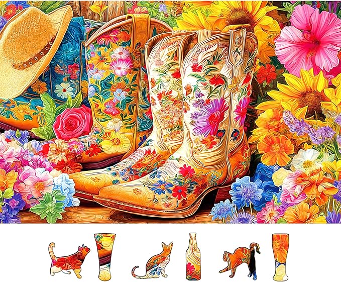 Floral Cowboy Boots 500 Piece Puzzle for Adults, Fun Puzzles for Adults 500 Pieces with HD Print & Poster,23"x15" Dust Free, for Gifts Halloween Christmas Family Games Lovers