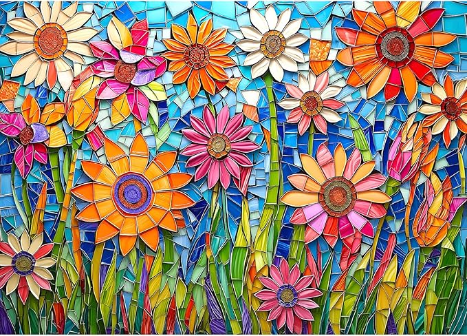 MINIWAN Stained Glass Mosaic Colorful Sunflowers 1000 Piece Jigsaw Puzzle for Adults, Vibrant Mosaic Glass Floral Jigsaw Puzzle, Gift for Flower & Art Lovers 27.5x19.7 Inch