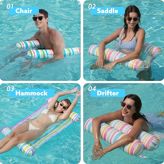 Sloosh 3 Pack 4-in-1 Inflatable Pool Floats - Water Hammock Lounges, Multi-Purpose Swimming Pool Accessories (Saddle, Lounge Chair, Drifter) for Pool, Lake, Outdoor, Beach