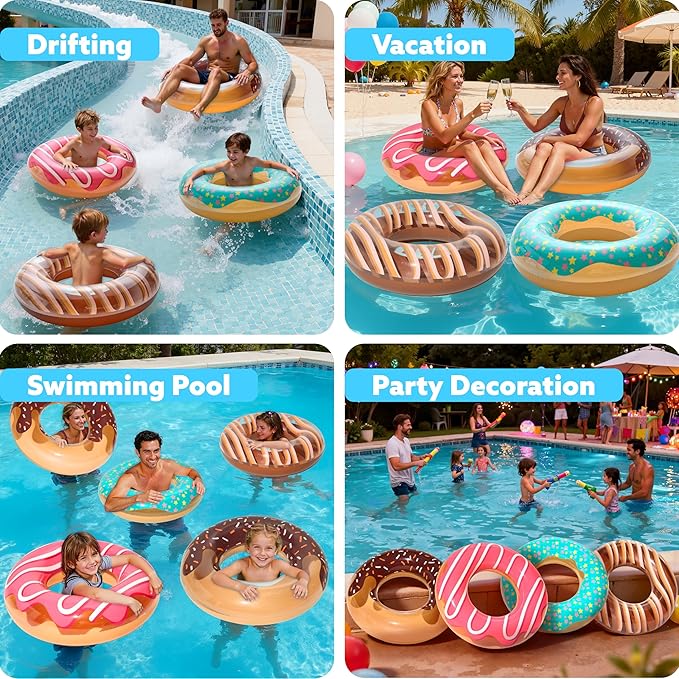 Sloosh 4 Pack Inflatable Pool Floats, Pool Tube Rings, Swim Tubes, Floaties Toys, Beach Swimming Party Toys for Kids and Adults