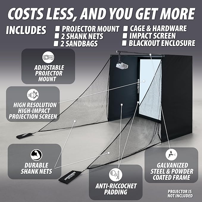 Complete Golf Simulator Enclosure Package – 4K-Ready Impact Screen with Blackout Cage, Projector Mount, Frame Poles, Side Shank Nets | Indoor & Garage Practice | Easy Setup | 12-Month Warranty