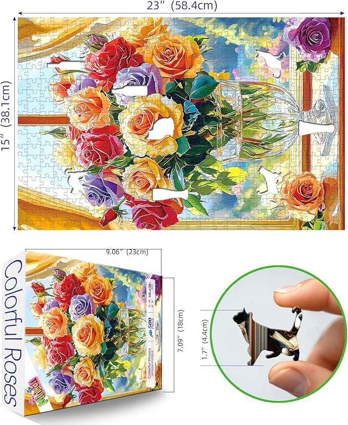 MINIWAN 500-Piece Jigsaw Puzzle for Adults - Colorful Roses in Glass Vase, 23x15 Inch Challenging Puzzle, Floral Puzzle for Adults & Teens, Premium Thick Cardboard Pieces with Reference Poster