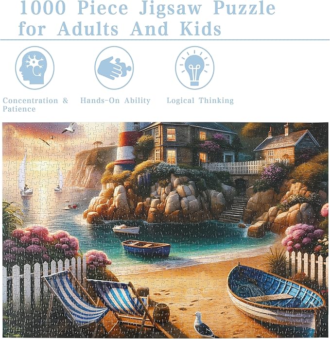 Rocorose 1000 Piece Puzzle for Adults, Lighthouse Coast Jigsaw Puzzles for Family, Beach Landscape Puzzles Sunrise Sunset for Game Night Fun Activity
