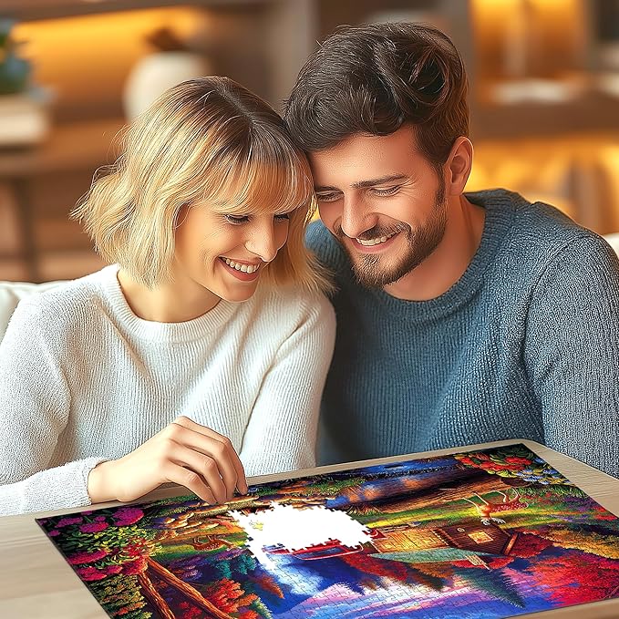 1000 Piece Jigsaw Puzzle for Adults, Rustic Camping Scene with Log Cabin, Vintage Red Truck, Deer & Campfire, Colorful Forest Dusk Landscape, Premium Quality Puzzle for Family Fun