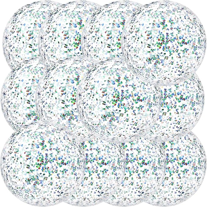 12 Pack Colorful Glitter Beach Balls 16" Large Inflatable Sparkly Confetti Pool Balls Glitter Pool Toys PVC Jumbo Sport Ball for Birthday Hawaiian Wedding Christmas Happy New Year Party Favor