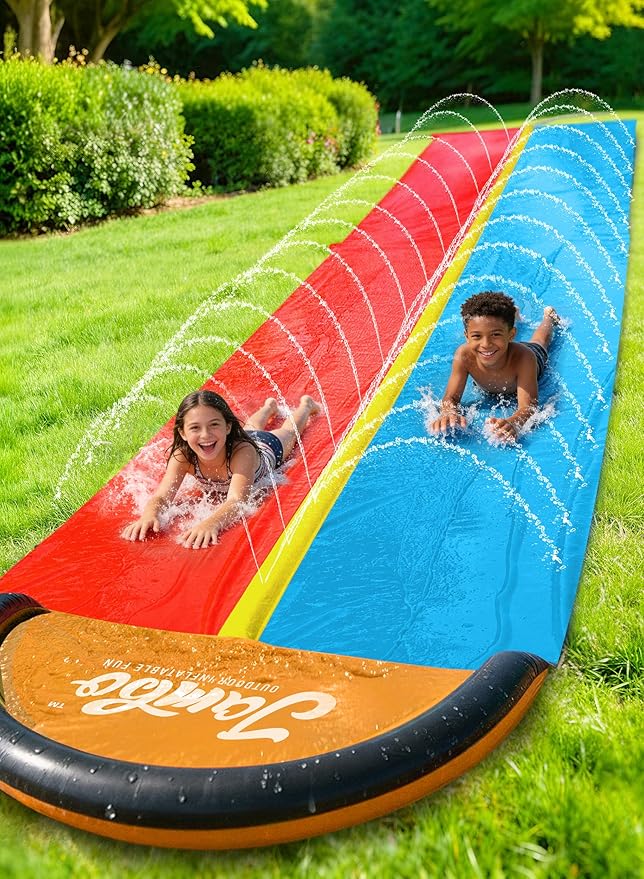 JAMBO Premium 18Ft Budget Slip Splash and Slide, Heavy Duty Water Slide with Advanced Sprinkler System, Backyard Waterslide, Splash Mat, Outdoor Water Toys n Slides for Kids