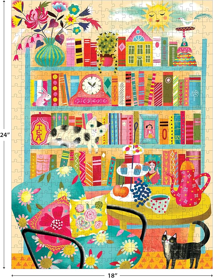 RoseArt - Vertical Visions - Bookshelf with Cats - 500 Piece Jigsaw Puzzle - Whimsical Cat-Filled Library Puzzle for Adults