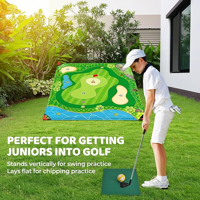 DyBaxa Golf Chipping Game - Golf Battle Game for Kids, 54*54 Golf Target Mat with 16 Sticky Balls, 8 Bean Bag, 6 Axe, 2 Soccer, Perfect for Family Fun, Outdoor Lawn, Poolside, Backyard Party Activity