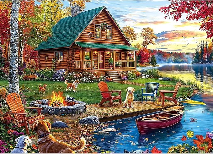 Autumn Lake House 1000 Piece Jigsaw Puzzle for Adults Log Cabin with Dogs & Fall Foliage Adult Puzzles 1000 Pieces for Family Game Night & Home Decor