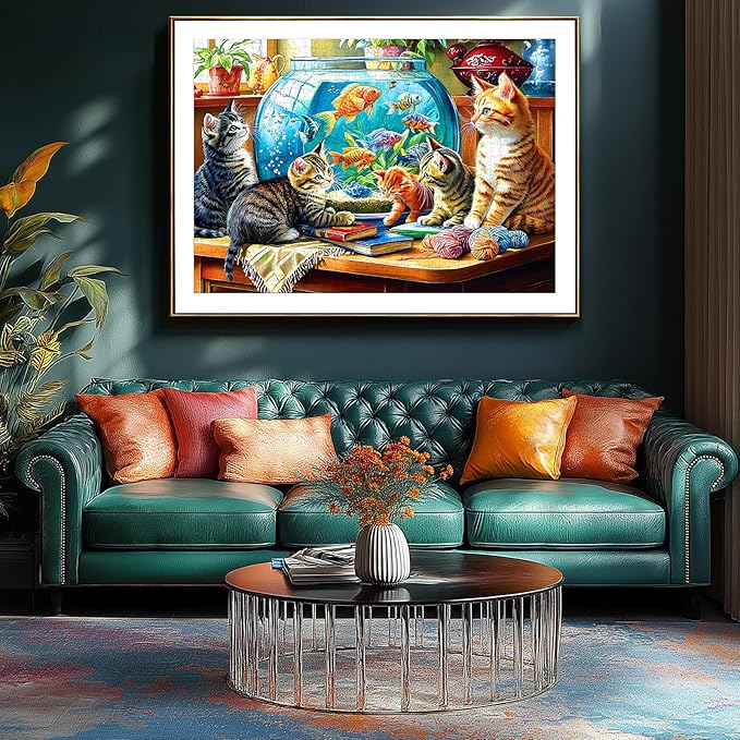 Cat Jigsaw Puzzle for Adults 1000 Piece, Colorful Kittens and Goldfish Bowl Scene, Stress-Relieving Relaxation Activity, 27.58 x 19.69 Inches