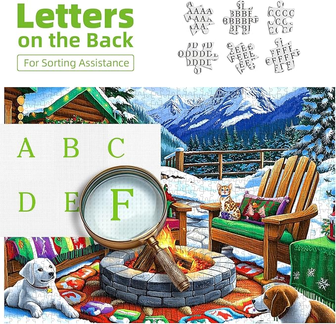 Blueforest 500 Piece Puzzle for Adults, Winter Cabin Fire Pit Jigsaw Puzzle - Dogs, Cat & Cozy Outdoor Seating, 23x15 Inch Art Puzzle