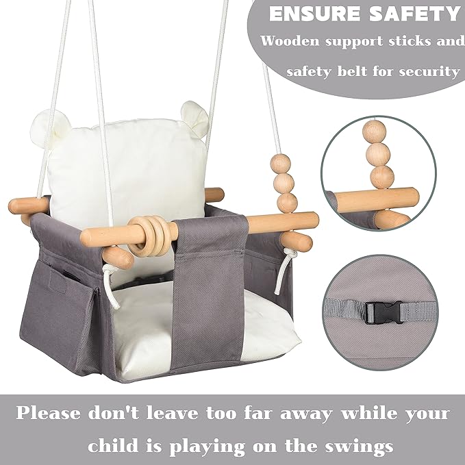 Canvas Baby Hanging Swing Baby Hammock Swings with 2 Side Pockets Safety Belt & Cotton Cushion Seat Infant Baby Swing Fabric Toddler Porch Swing Outside Hanging Baby Tree Swingoor Swings