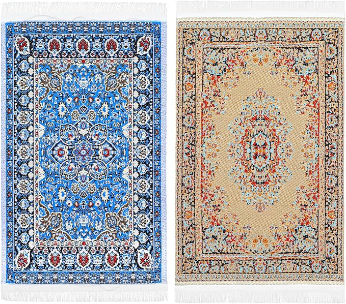 Dollhouse Rug 2 PCS Miniature Dollhouse Accessories 1:12 Scale Vintage Doll House Rugs Woven Mini Rug for Dollhouses Furniture Blue & Yellow Floral Print Carpet for Doll House Floor Decor