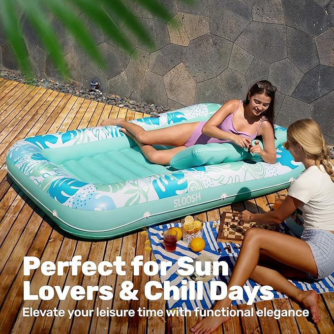 SLOOSH Inflatable Tanning Pool Lounger Float, 70" x 46" Pool Floats Adult with Pillow, 4 in 1 Suntan Tub Raft Floatie,Sunbathing Bed Lounge for Water Blow Up Kids Ball Pit Party Gifts, L-Cyan White