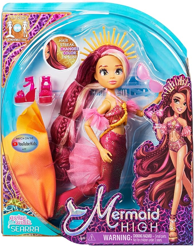 MERMAID HIGH, Spring Break Searra Mermaid Doll & Accessories with Removable Tail and Color Change Hair Streak, Kids Toys for Girls Ages 4 and up