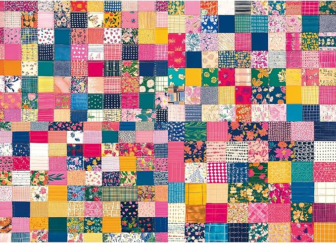 Patchwork Quilt 1000 Piece Puzzle for Adults Colorful Textile Squares Jigsaw Puzzle Floral Patterns Fabric Scraps Unique Adult Puzzles with Letters on Back Puzzles for Game Night (27.6"x19.7")