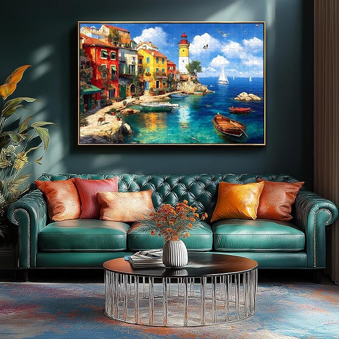 Summer Colorful Coastal Village 1000 Piece Puzzle for Adults, Fun Puzzles for Adults 1000 Pieces with HD Print & Poster, 27.5 * 19.7 in Dust Free, for Gifts Halloween Christmas Family Games Lovers