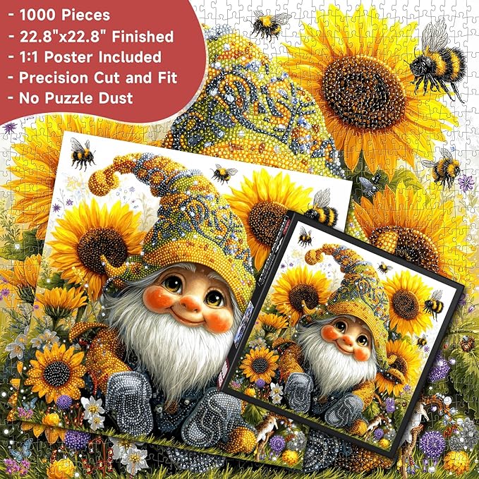 Sunflower Gnome 1000 Piece Jigsaw Puzzle for Adults - Whimsical Garden Scene with Bees & Jewels, Poster & Lettered Back, 22.8" Square HD Quality, Unique Gift for Gnome & Nature Lovers