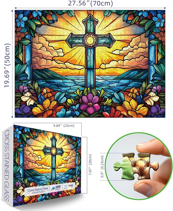 MINIWAN Stained Glass Floral Christian Cross Puzzles for Adults 1000 Pieces, Colorful Sunburst Ocean Cross Jigsaw Puzzle, Religious Gift for Christian Believers Easter Gifts 27.5x19.7 Inch