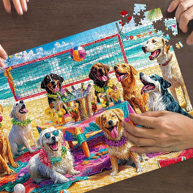 Puzzles for Adults 1000 Pieces, Dog Jigsaw Puzzles 1000 Pieces - Doggo Beach Bash, Party Decor Impossible Puzzle, Finished Size 27.56 * 19.69", with 1:1 Poster, Letter on The Back