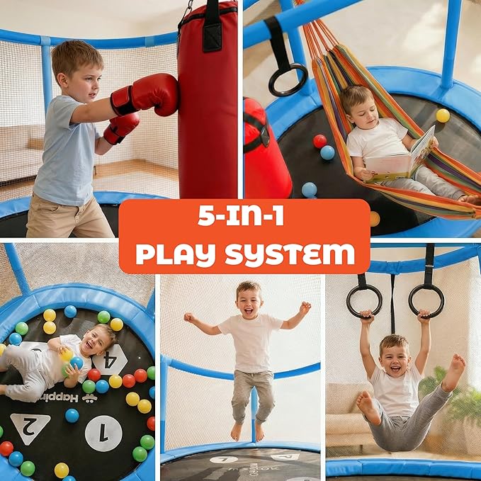 Happin® 55’’ Trampoline for Kids with Safety Enclosure, Indoor & Outdoor Toddler Trampoline, Ultra Safe Design with Multi Activity Accessories, Perfect Toddler Gift for Boys & Girls Ages 1–8