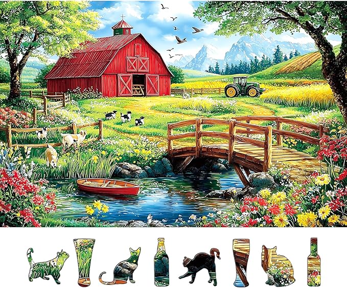 Puzzle for Adults 500 Pieces, Farm Scene Jigsaw Puzzle - Mountain Landscape with Red Barn for Family, Adults, Party Game, Finished Size 23" x 15"