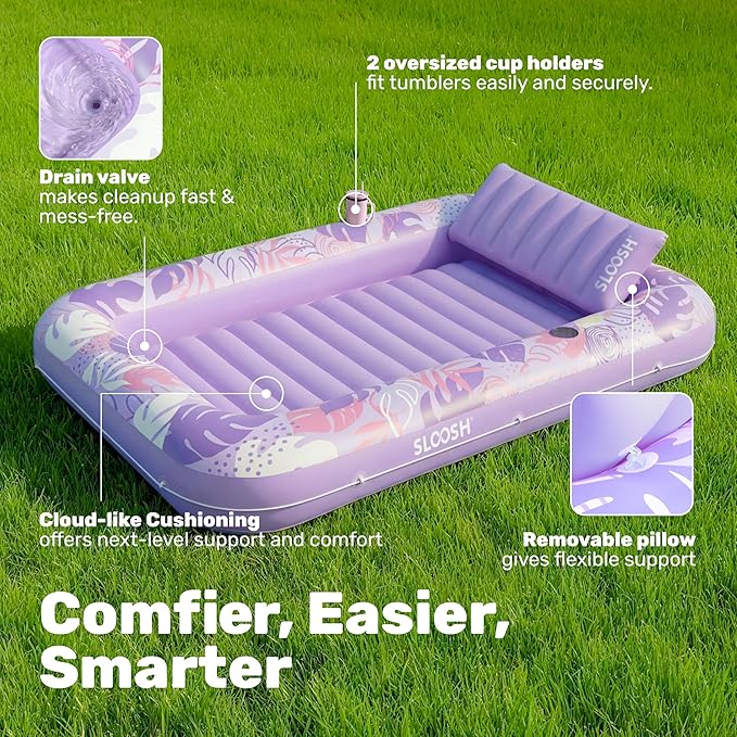 SLOOSH Inflatable Tanning Pool Lounger Float, 70" x 46" Pool Floats Adult with Pillow, 4 in 1 Suntan Tub Raft Floatie,Sunbathing Bed Lounge for Water Blow Up Ball Pit Party Gifts, L-Purple