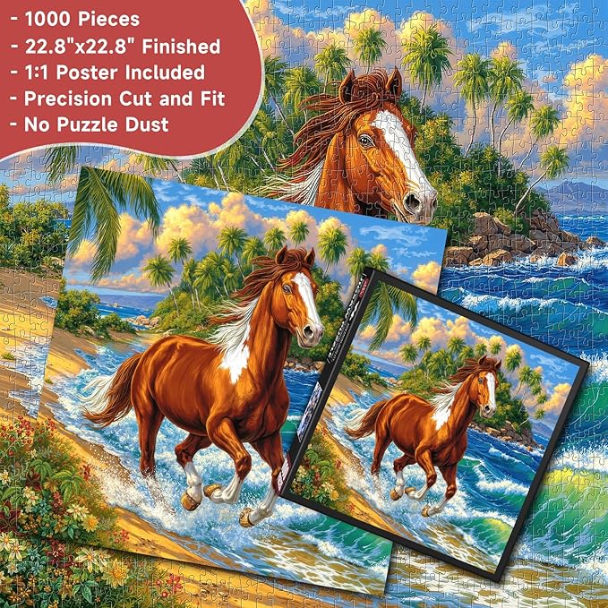 Tropical Beach Running Horse 1000 Piece Puzzle for Adults - Majestic Equine Art, Poster & Lettered Back, 22.8" Square HD, Gift for Horse & Nature Lovers