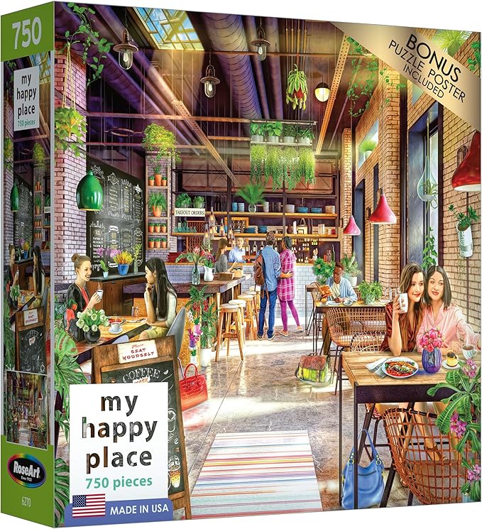 RoseArt - My Happy Place - Neighborhood Cafe 750 Piece Jigsaw Puzzle - Vibrant Coffee Shop Art - Made in USA