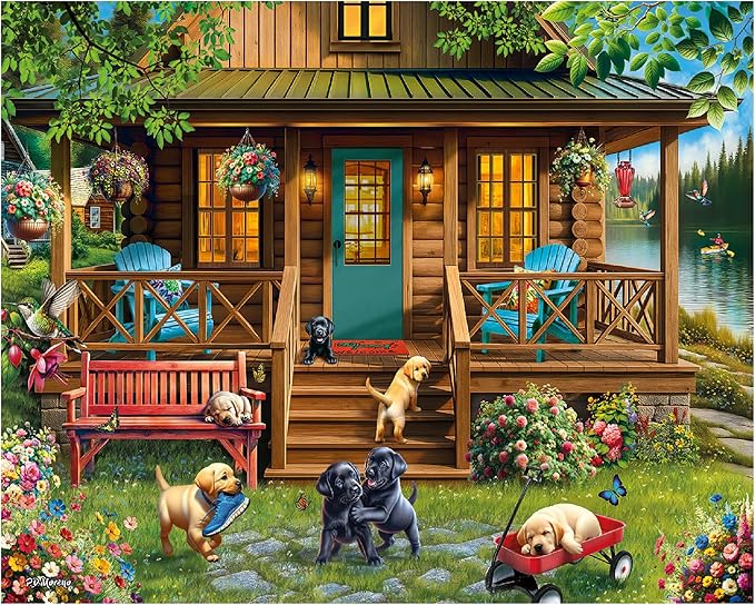 White Mountain 1000 Piece Jigsaw Puzzle Spring Lake Cabin Puzzles with Large Pieces Gift for Adults and Family 24"x30" - Porch Puppies