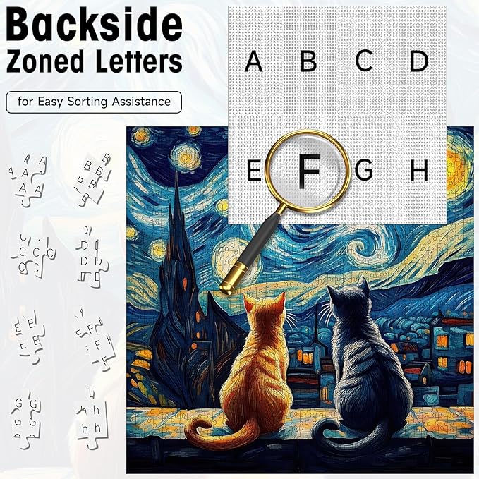 500 Piece Puzzles for Adults, Starry Night Cat Jigsaw Puzzle with Letters on Back, Art Animal Puzzle for Game Nights & Home Decor, 18×18 Inch Cardboard