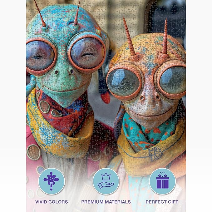 Cross & Glory - Meet the Aliens: Elara and Nox - 1000 Piece Jigsaw Puzzle for Adults | Cosmic Love Story Puzzle | Unique Alien Artwork Puzzle