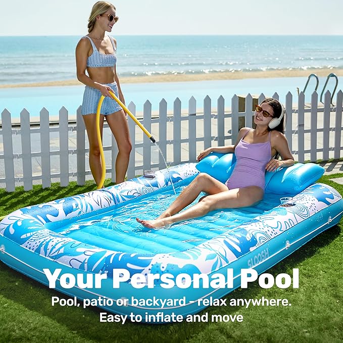 SLOOSH Inflatable Tanning Pool Lounger Float, 85" x 57" Extra Large Pool Floats Adult with Pillow, 4 in 1 Suntan Tub Raft Floatie,Sunbathing Bed Lounge for Water Blow Up Ball Pit Party Gifts, XL-Blue