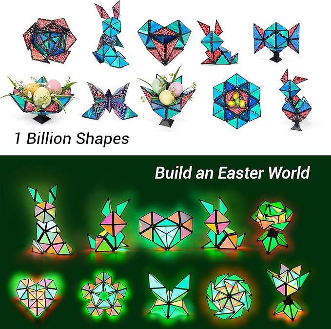 TOSY Magnet Pyramid Stone - 1 Cube Transforms into 1 Billion Shapes (Bunny, Egg, Flowers, Heart), Easter Basket Stuffers Gift, 12 pcs, 243 Magnets, Holographic Design, Puzzle/STEM Toy, 4-Pack