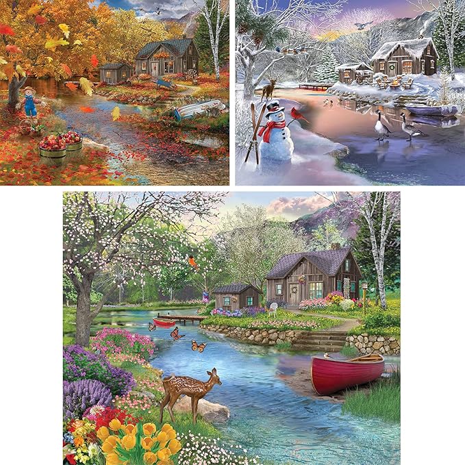 Bits and Pieces - Value Set of Three (3) 300 Piece Jigsaw Puzzles for Adults - Each Puzzle Measures 18" x 24" - 300 pc Autumn Winter Spring Cabin Jigsaws by Artist Bigelow Illustrations