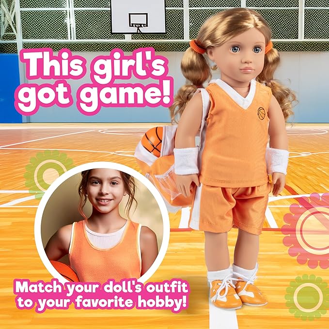 Girls Basketball Uniform 8pc Doll Outfit- Includes Basketball, Sneakers, Jersey, Shorts, Backpack & More- Handmade Outfit & Accessories Compatible with 18" American Girl Doll- Gift for Girls, Birthday