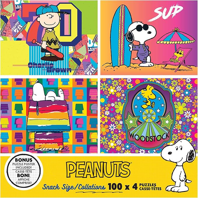 RoseArt - Snack Size Multi-Puzzle Set - Peanuts - 4 x 100 Piece Jigsaw Puzzle for Adults