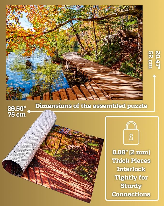 1000 Piece Puzzle for Adults - Golden Forest Trail Beside Quiet Lake in Autumn, Gift-Ready Box, Letters on Back, 8 Jigsaw Puzzle Saver Sheets & Full-Size Poster by GERJATO - Ideal Gift for Loved Ones