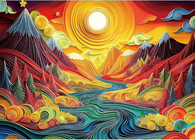 MINIWAN 3D Quilling Paper Art Vibrant Sunset Mountain River Puzzles for Adults 1000 Pieces, Colorful Paper Quilling Landscape Jigsaw Puzzle, Gift for Abstract Art & Nature Lovers 27.55 x 19.7 Inch