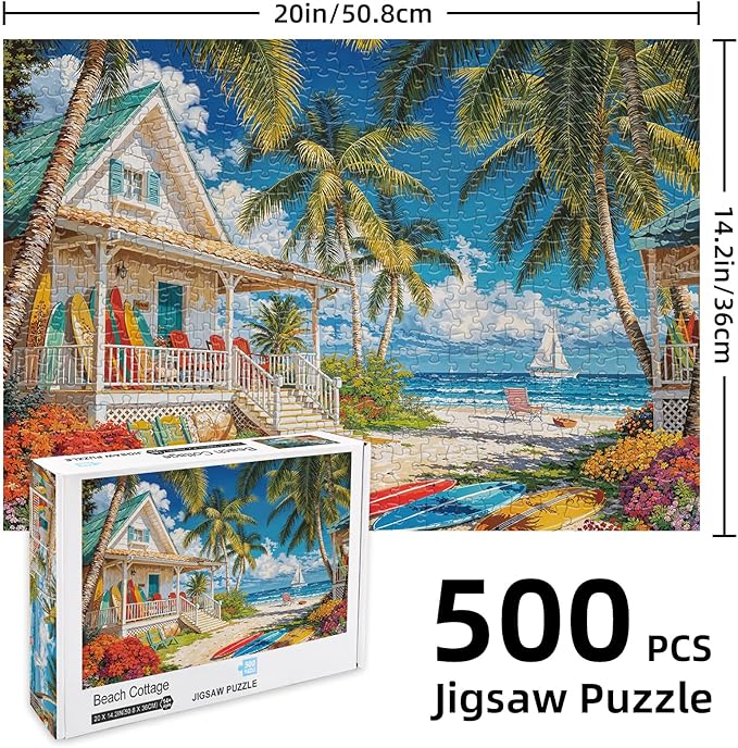 500 Piece Puzzles for Adults, Beach Cottage Puzzles for Adults 500 Pieces, Summer Beach Leisure Jigsaw Puzzles, Challenging Ocean Jigsaw Puzzle as Home Decor